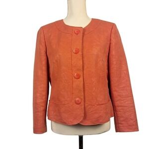 TALBOTS Petites 10 Coral Orange‎ Short Blazer Raw Edges Jacquard Italian Fabric